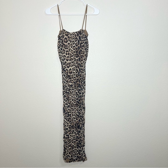 GOOD AMERICAN Tan & Black Leopard Sleeveless Ruched Mesh Midi Dress Sz L NWT - Picture 10 of 16